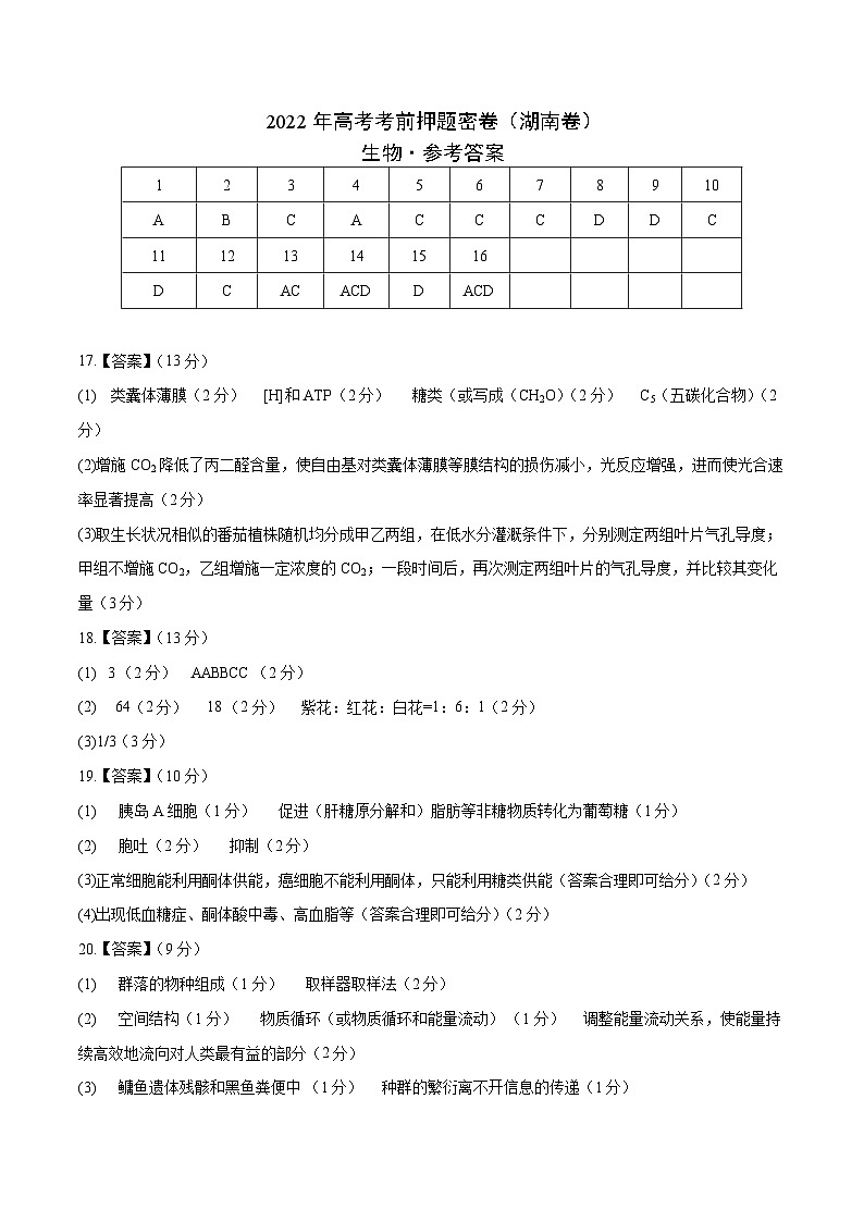 2022年湖南省高三生物考前押题密卷（word版）01