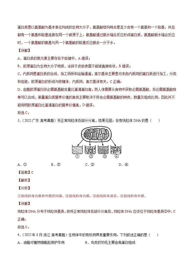 专题01 细胞的分子组成以及结构和功能——【全国通用】2020-2022三年高考生物真题分类汇编（原卷版+解析版）02