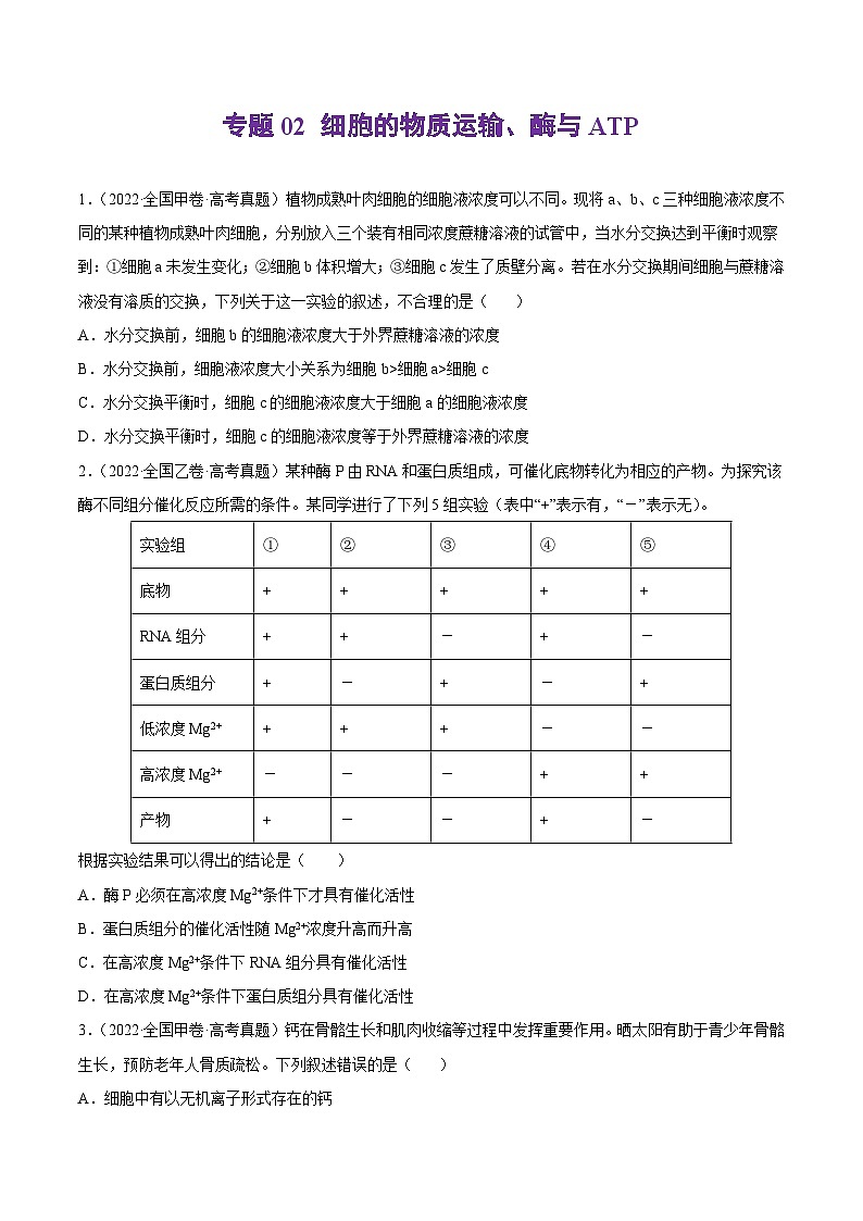 专题02 细胞的物质运输、酶与ATP——【全国通用】2020-2022三年高考生物真题分类汇编（原卷版）第1页