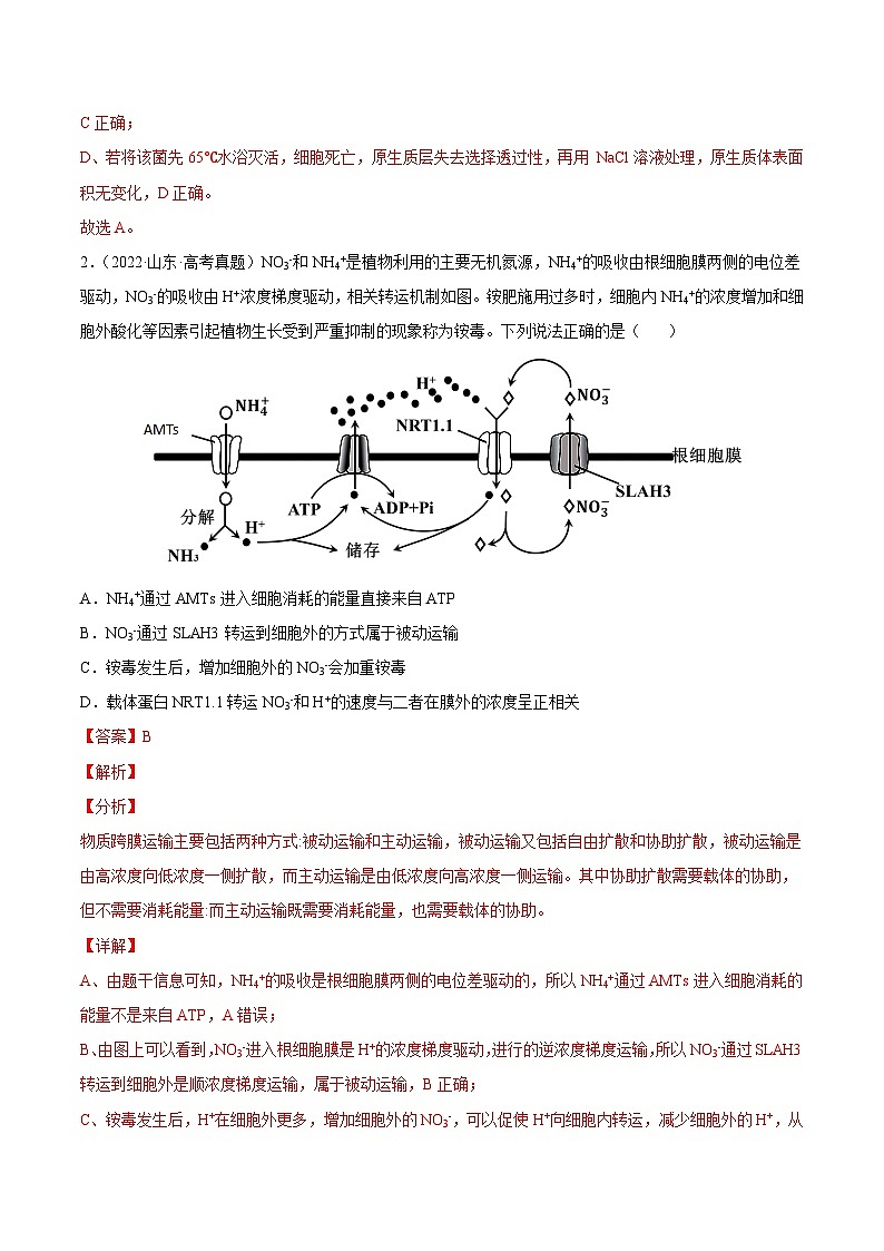 专题02 细胞的物质运输、酶与ATP——【新高考专用】2020-2022三年高考真题生物分类汇编（原卷版+解析版）02