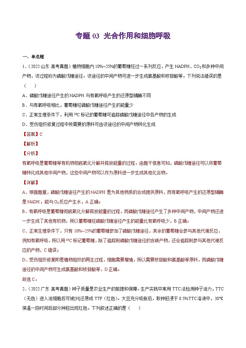 专题03 光合作用和细胞呼吸——【新高考专用】2020-2022三年高考真题生物分类汇编（原卷版+解析版）01