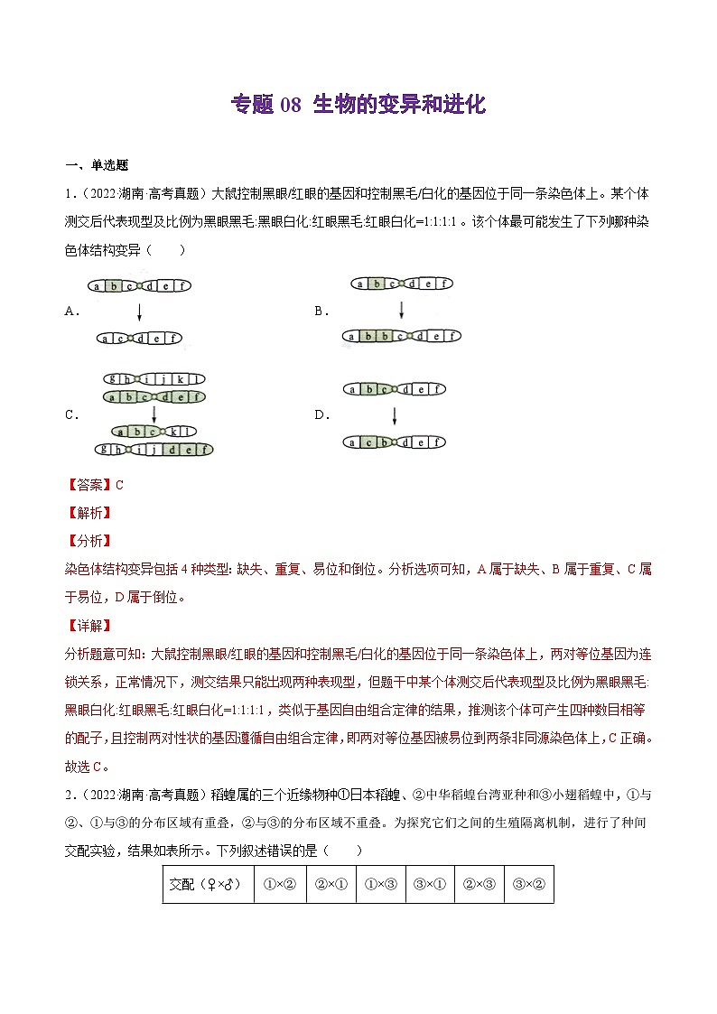 专题08 生物的变异和进化——【新高考专用】2020-2022三年高考真题生物分类汇编（原卷版+解析版）01