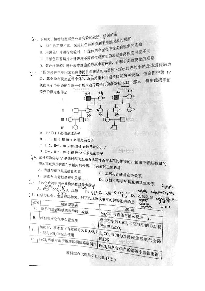 高中生物高考2014年普通高等学校招生全国统一考试理综试题（新课标Ⅰ卷，扫描版，无答案）第2页