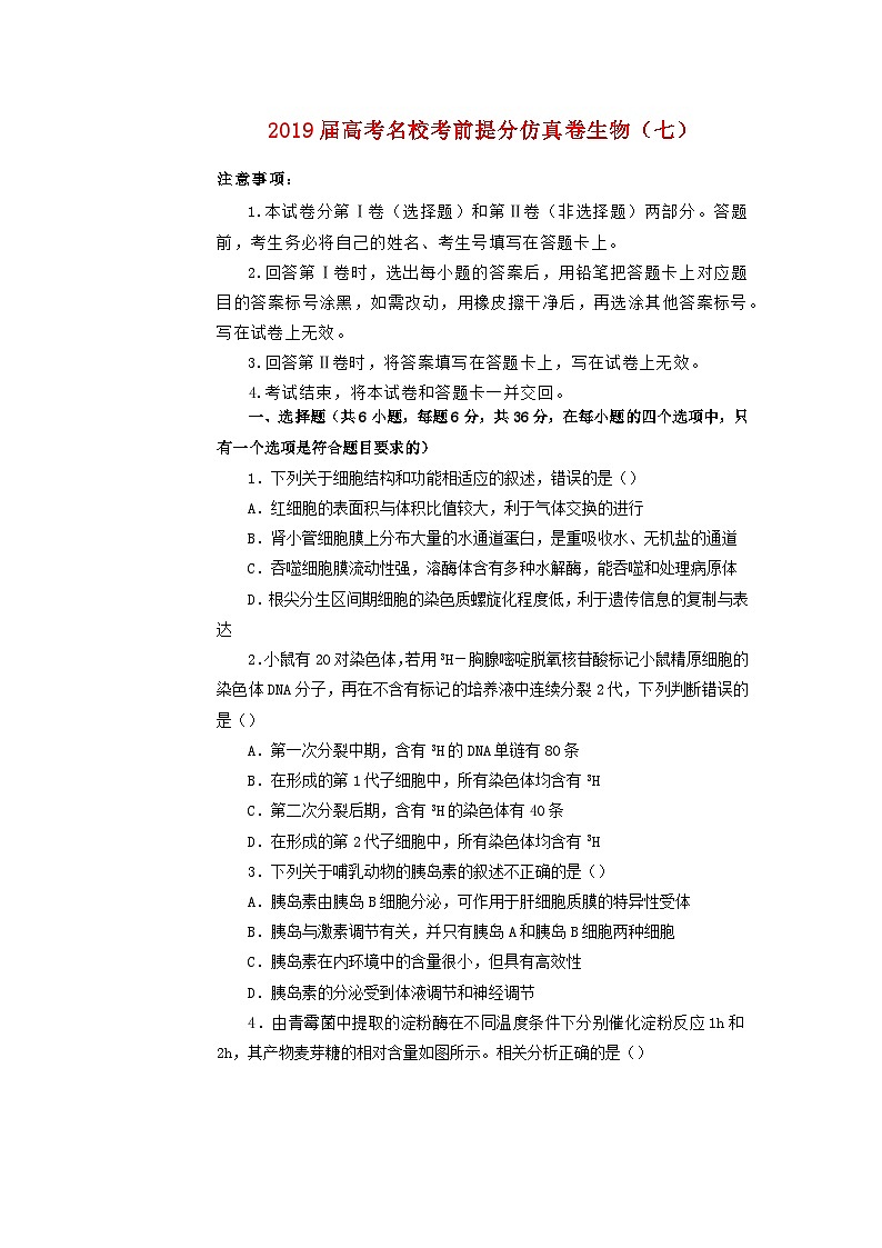 高中生物高考2019年高考生物名校考前提分仿真试卷（七）（含解析）第1页