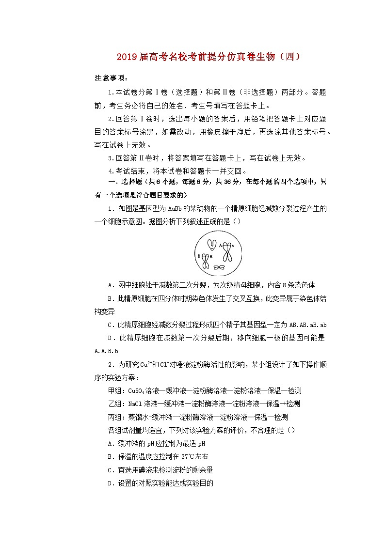 高中生物高考2019年高考生物名校考前提分仿真试卷（四）（含解析）第1页