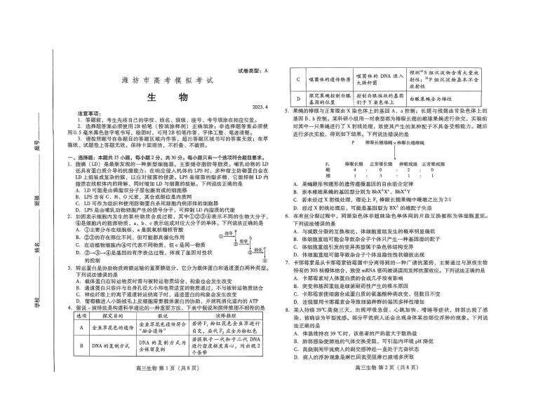 2022-2023学年山东省潍坊市高三下学期二模生物试题PDF版含答案01
