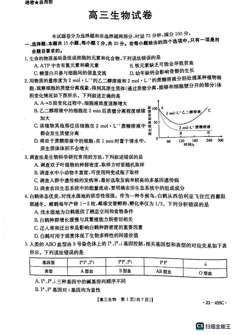 2023届辽宁省抚顺市重点高中六校协作体高三下学期二模联考生物试题01