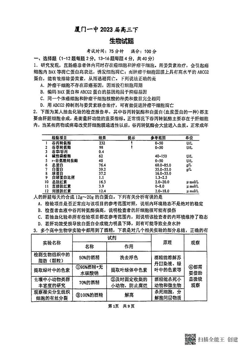 2022-2023学年福建省厦门第一中学高三下学期一模生物试题PDF版含答案第1页