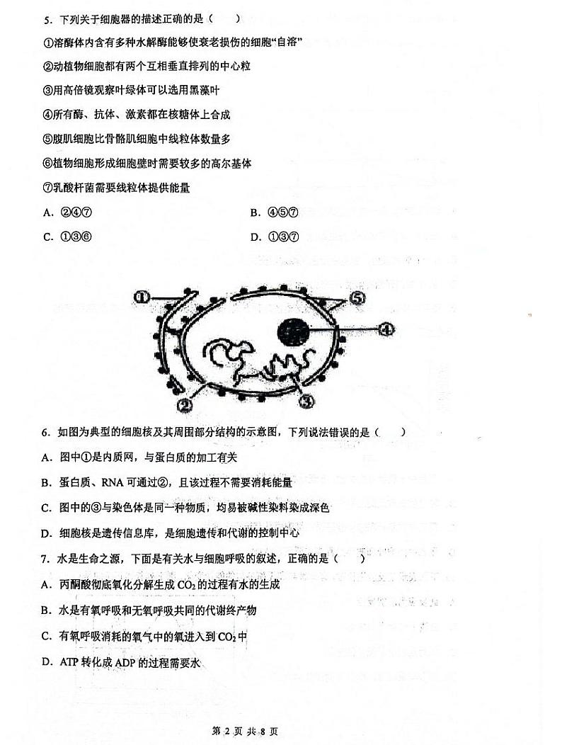安徽省无为市第一中学2022-2023学年第二学期高一开学考生物02