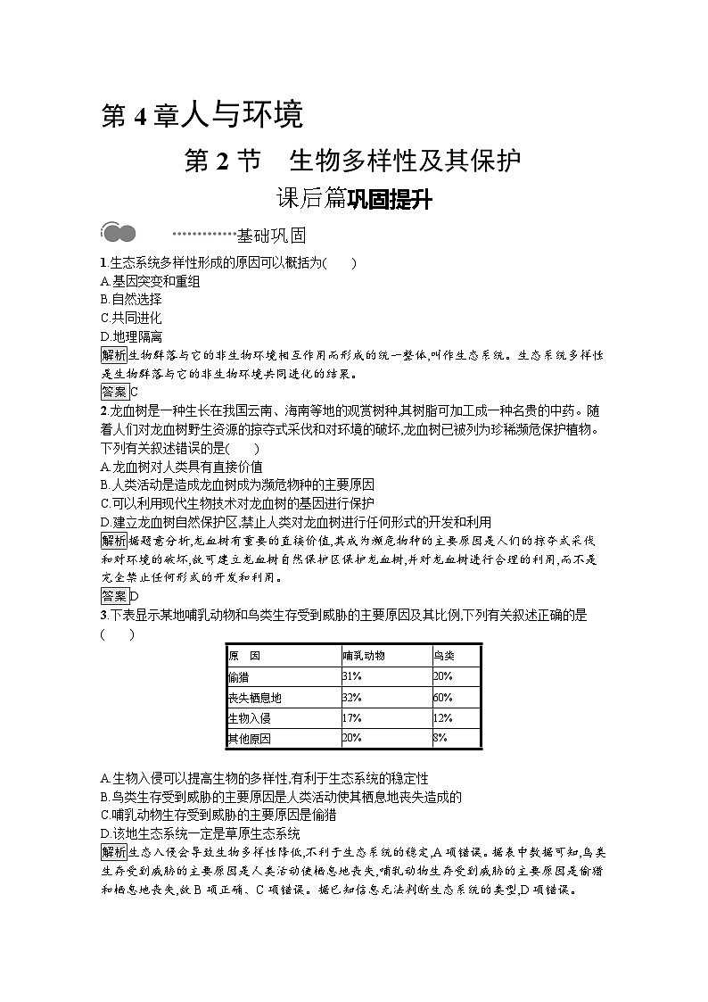 高中生物选择性必修二 课后提升训练：第4章　第2节　生物多样性及其保护第1页