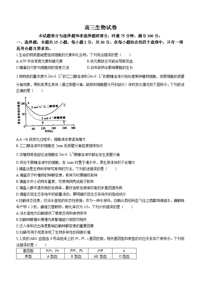 2023届辽宁省抚顺市重点高中六校协作体高三下学期二模联考生物试题01