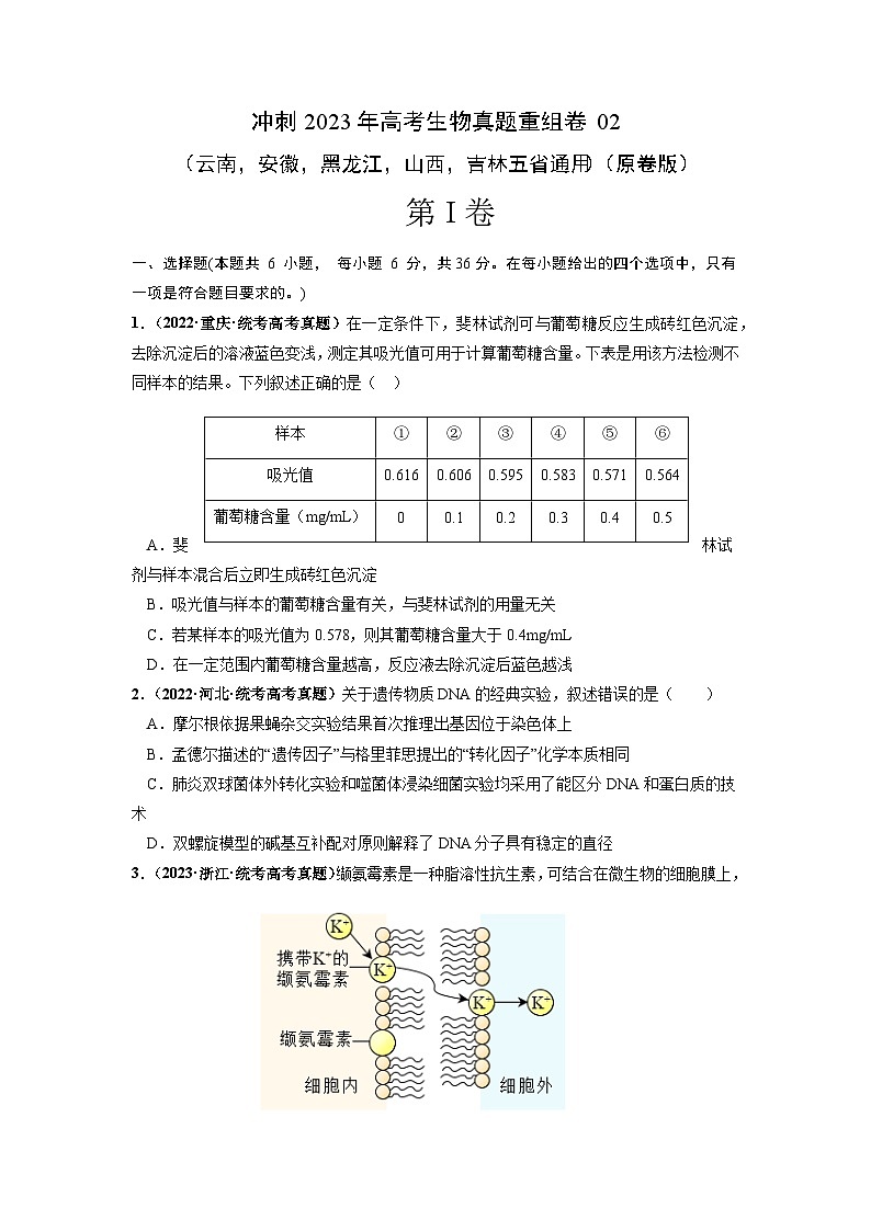 真题重组卷02——2023年高考生物真题汇编重组卷（云南，安徽，黑龙江，山西，吉林五省通用）（原卷版）第1页