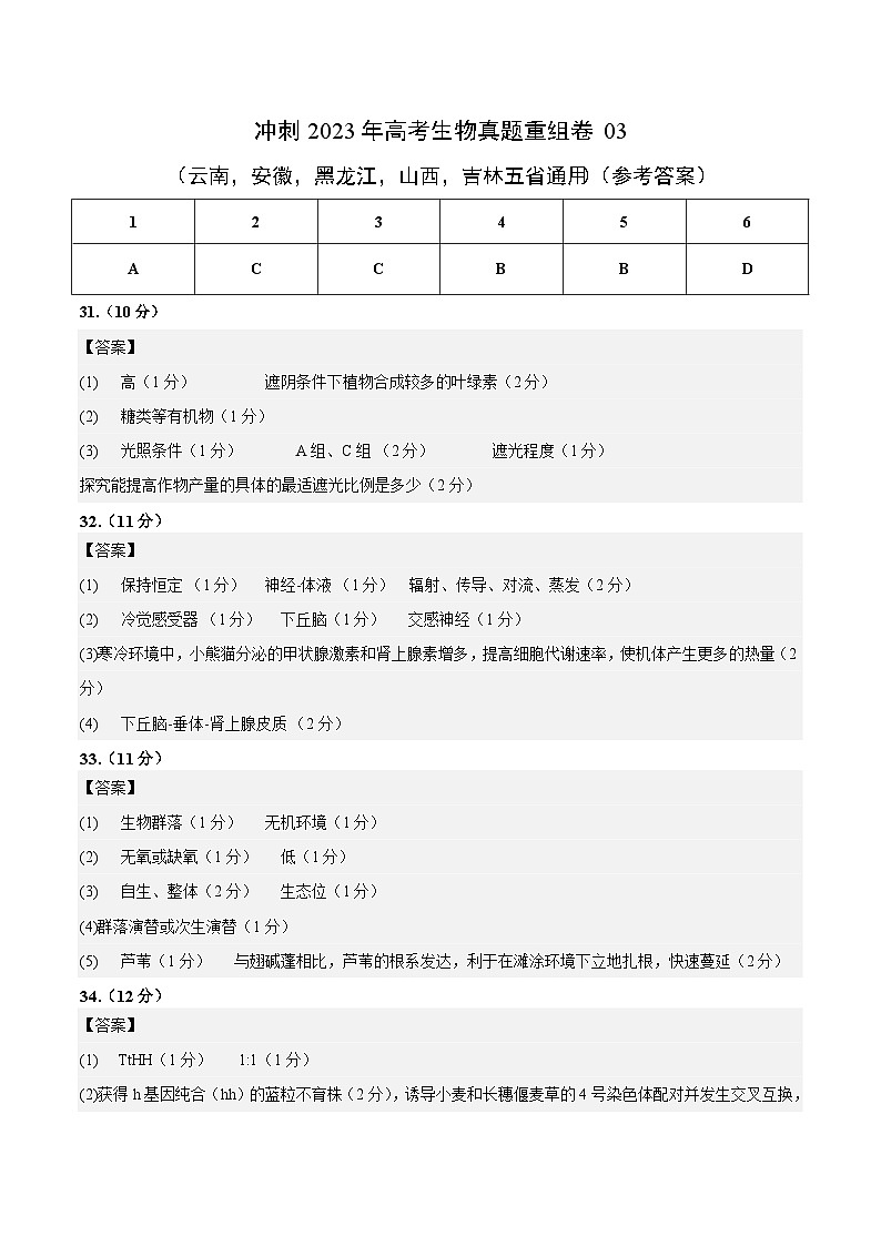 真题重组卷03——2023年高考生物真题汇编重组卷（云南，安徽，黑龙江，山西，吉林五省通用）（参考答案）第1页