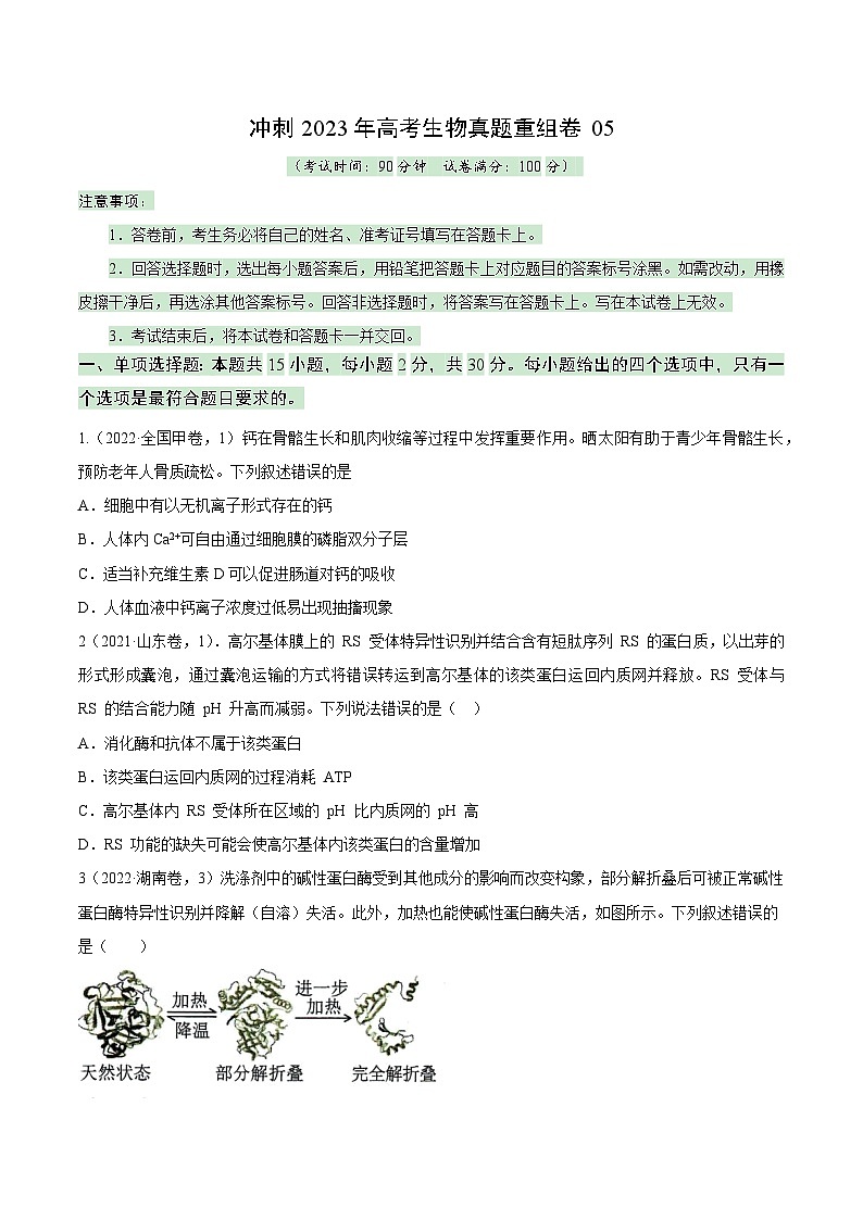 真题重组卷05——2023年高考生物真题汇编重组卷（山东专用）01