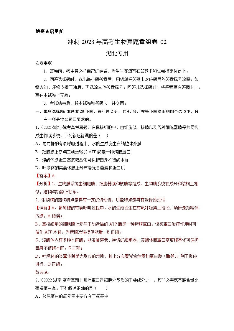 真题重组卷02——2023年高考生物真题汇编重组卷（湖北专用）01