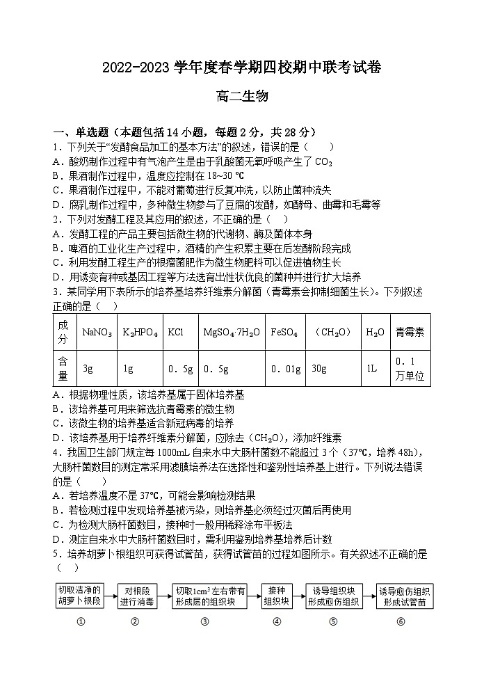 江苏省无锡市四校2022-2023学年高二生物下学期4月期中联考试题（Word版附答案）第1页