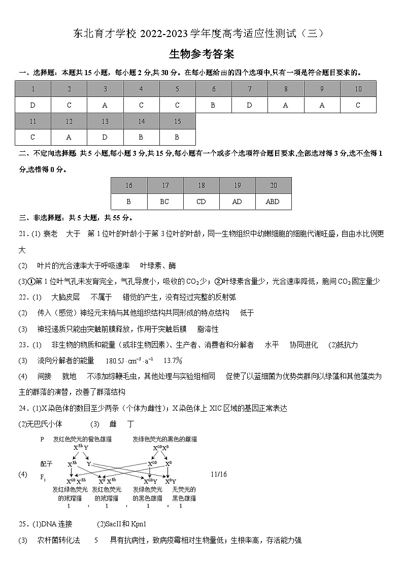 东北育才学校2022-2023学年度高考适应性测试（三）生物参考答案01