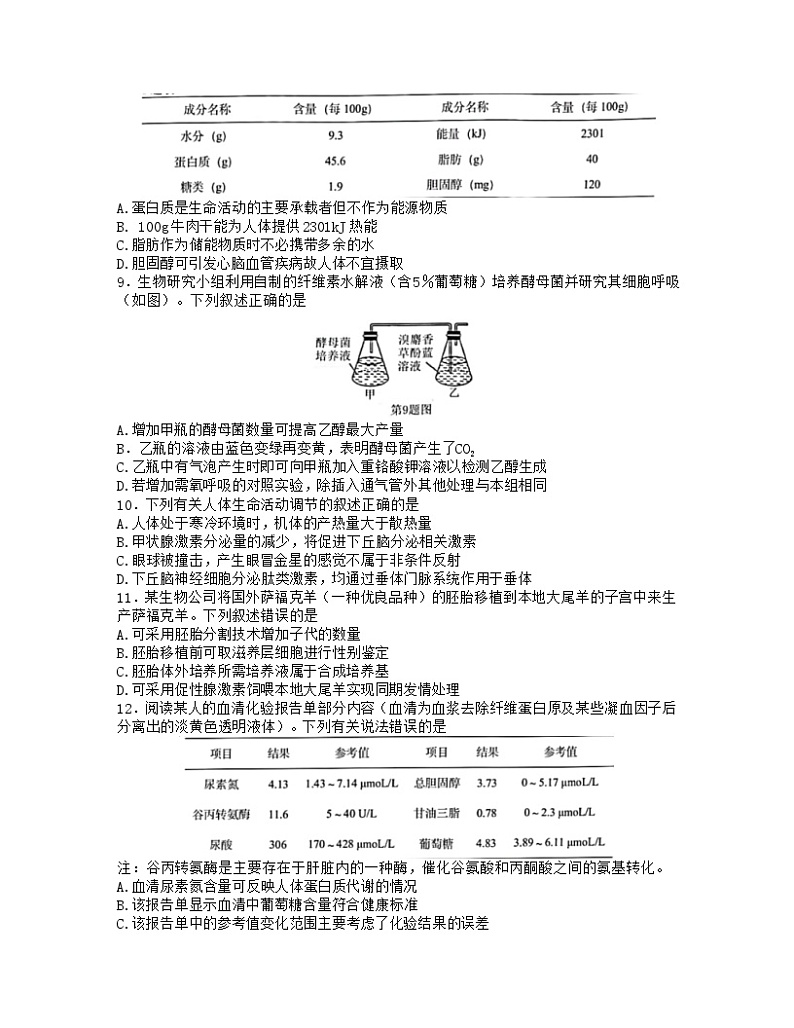 浙江省名校协作体2022-2023学年高三下学期联考生物试题02