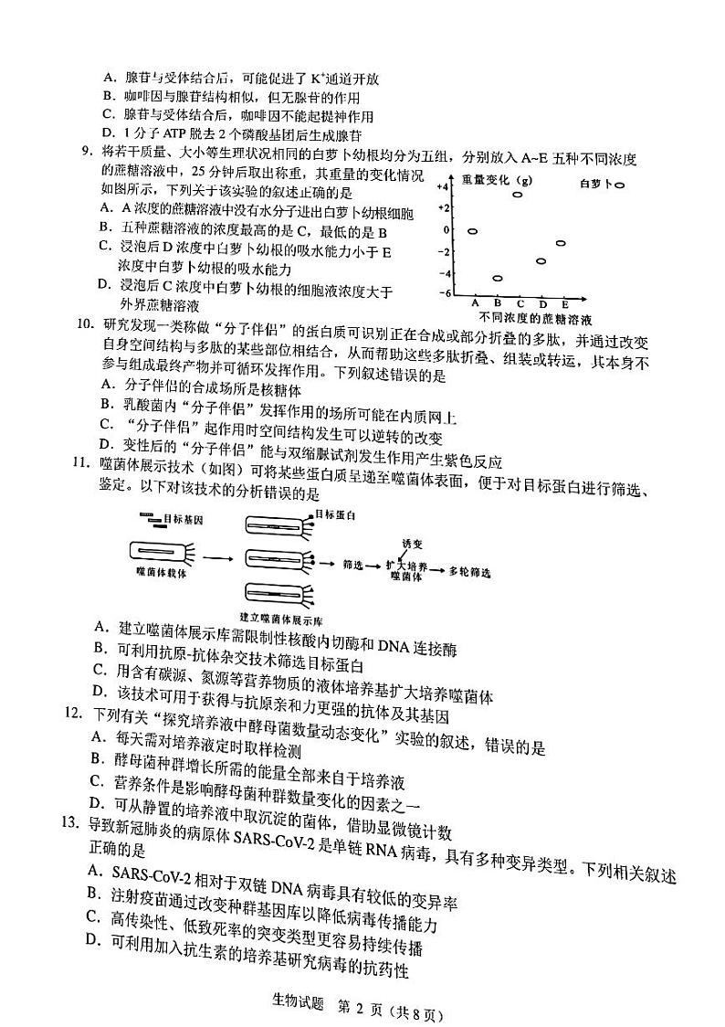 2022届浙江省绍兴市诸暨市高三下学期5月适应性测试生物 PDF版第2页
