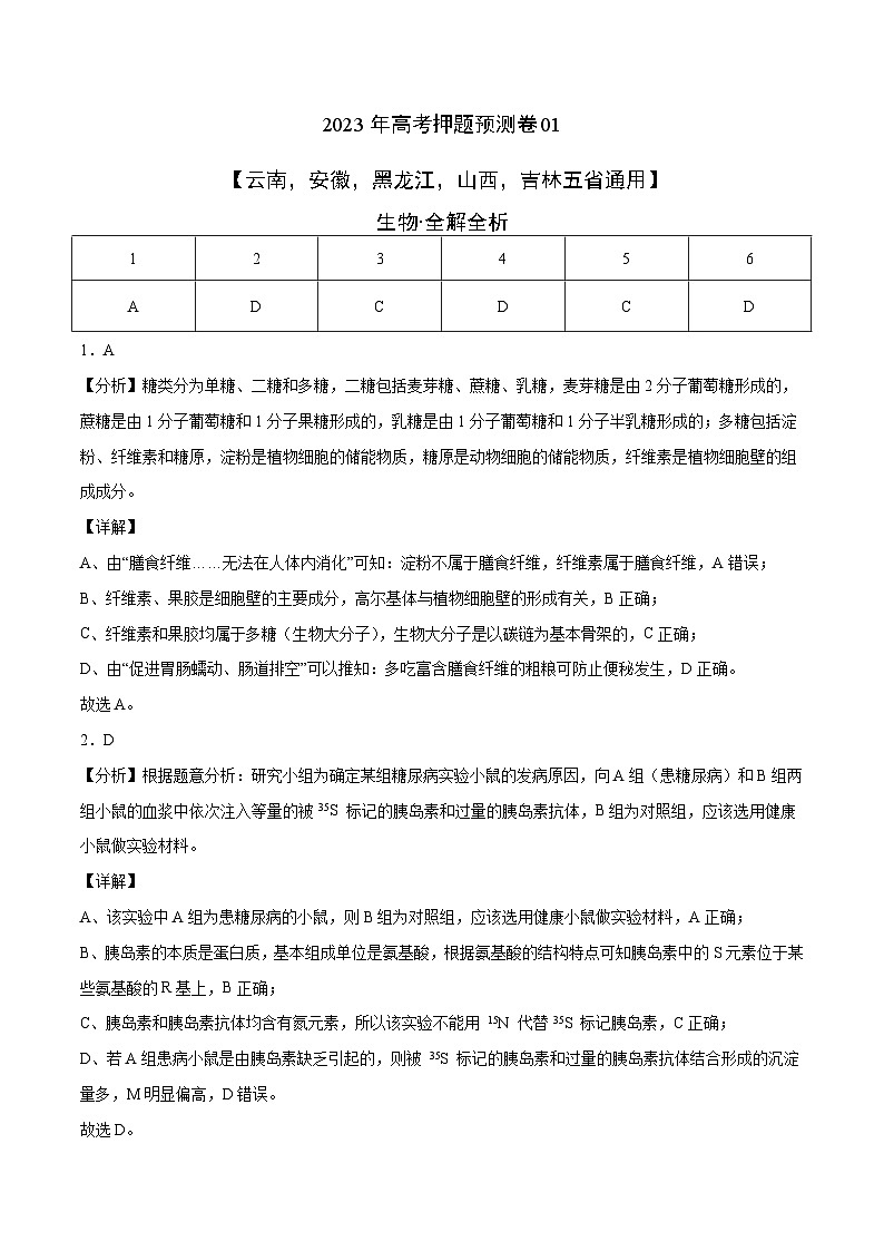 2023年高考生物押题卷01（云南，安徽，黑龙江，山西，吉林五省通用）（全解全析）第1页