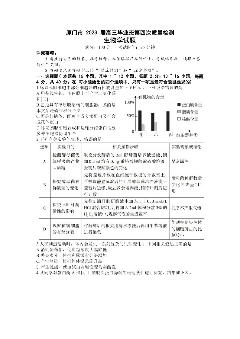 2023年厦门市高三四检生物试卷含答案解析第1页