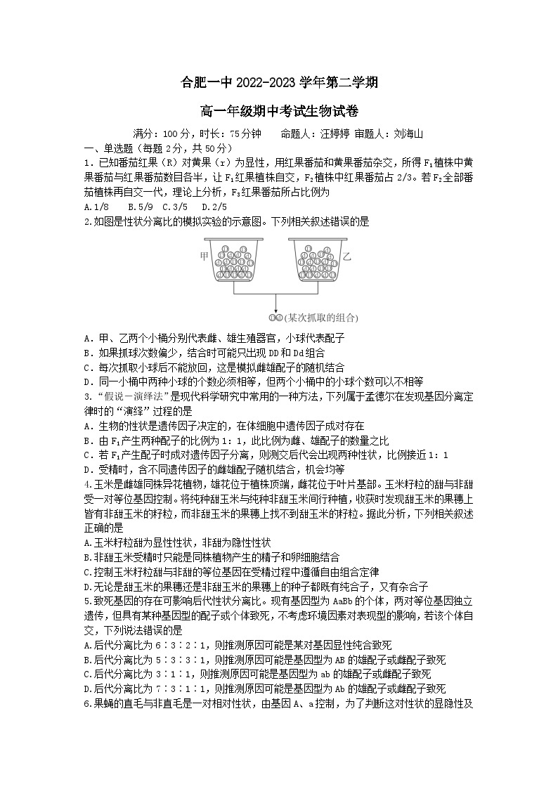 安徽省合肥市第一中学2022-2023学年高一下学期期中考试生物试题01