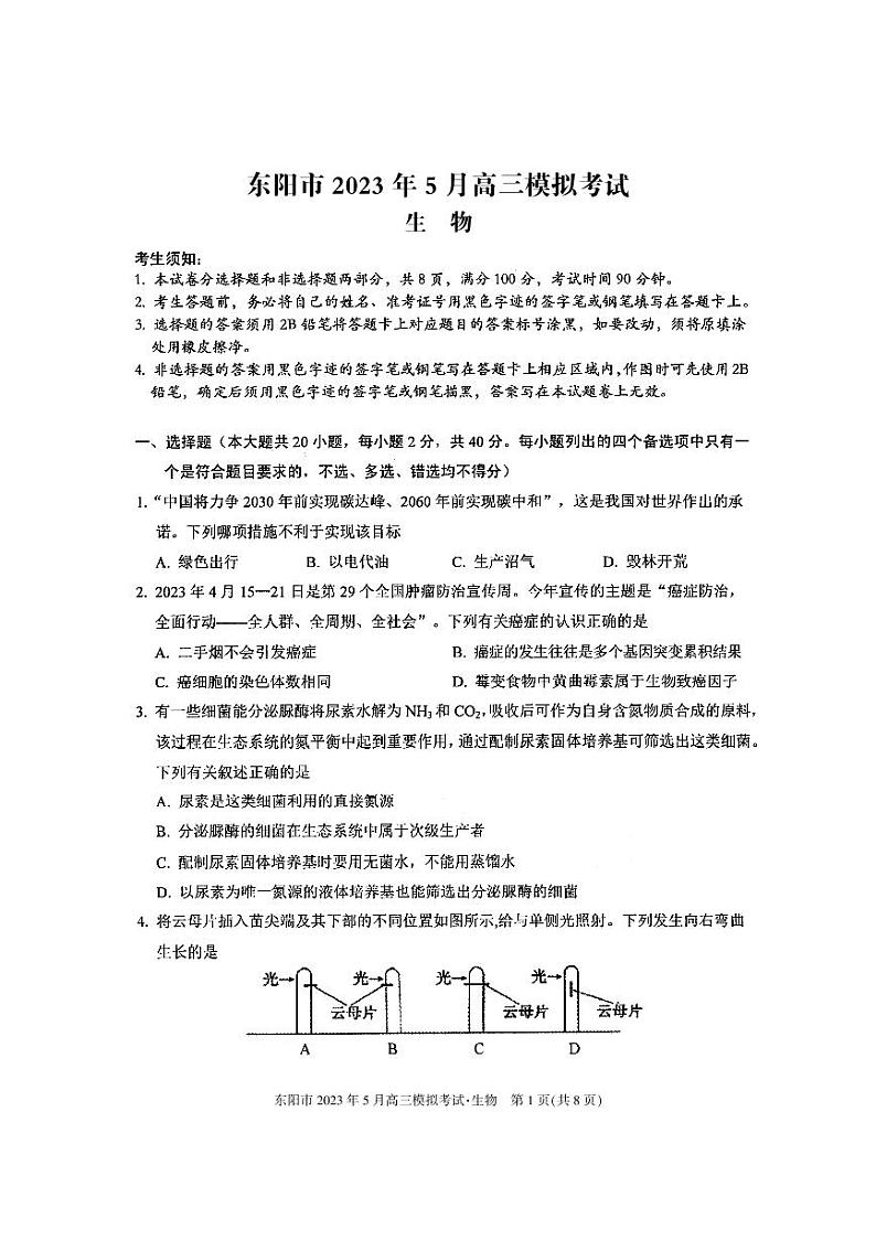2023届浙江省东阳市高三5月模拟考试生物试题01