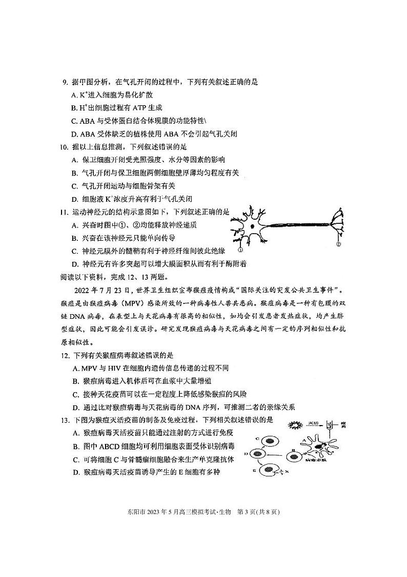 2023届浙江省东阳市高三5月模拟考试生物试题03