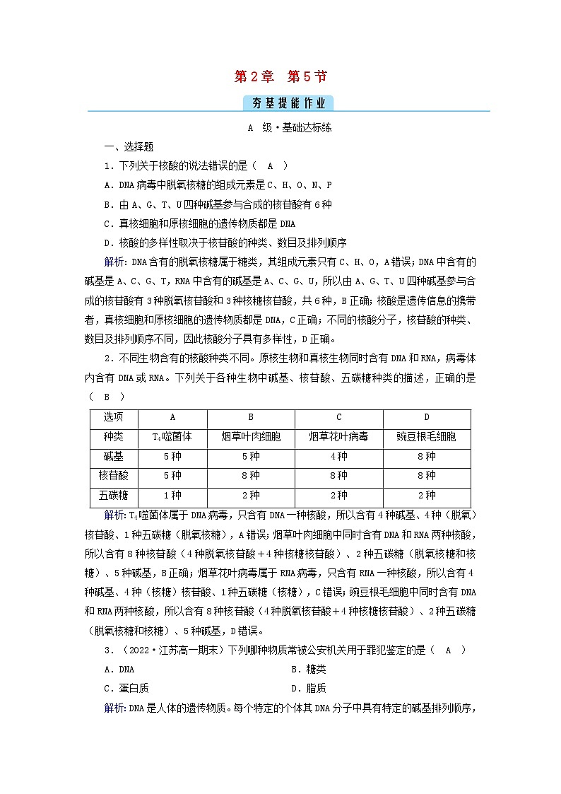 新教材2023年高中生物第2章组成细胞的分子第5节核酸是遗传信息的携带者（课件+夯基提能作业）新人教版必修101