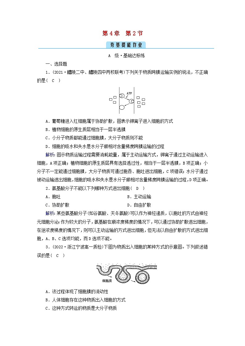 新教材2023年高中生物第4章细胞的物质输入和输出第2节主动运输与胞吞胞吐夯基提能作业新人教版必修1第1页
