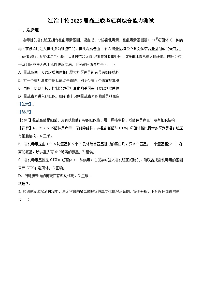 安徽省江淮十校2022-2023学年高三生物下学期5月联考试题（Word版附解析）01