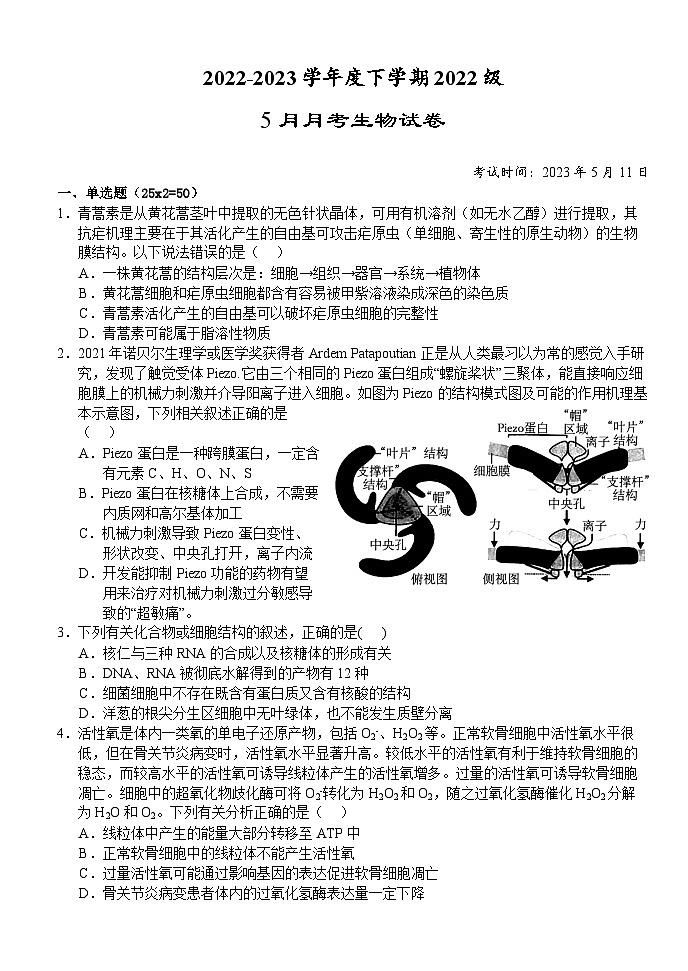 湖北省荆州市沙市区沙市中学2022-2023学年高一生物下学期5月月考试题（Word版附答案）第1页
