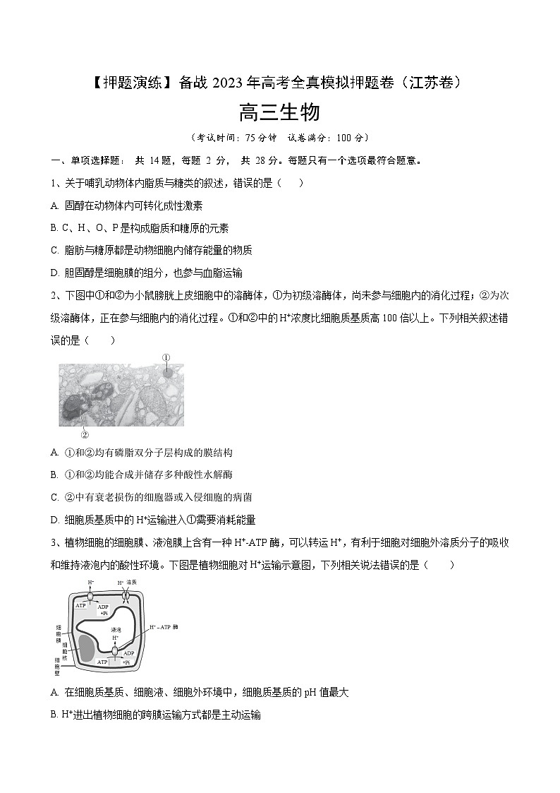 卷02【押题演练】备战2023年高考生物全真模拟押题卷（江苏卷）（原卷版）01