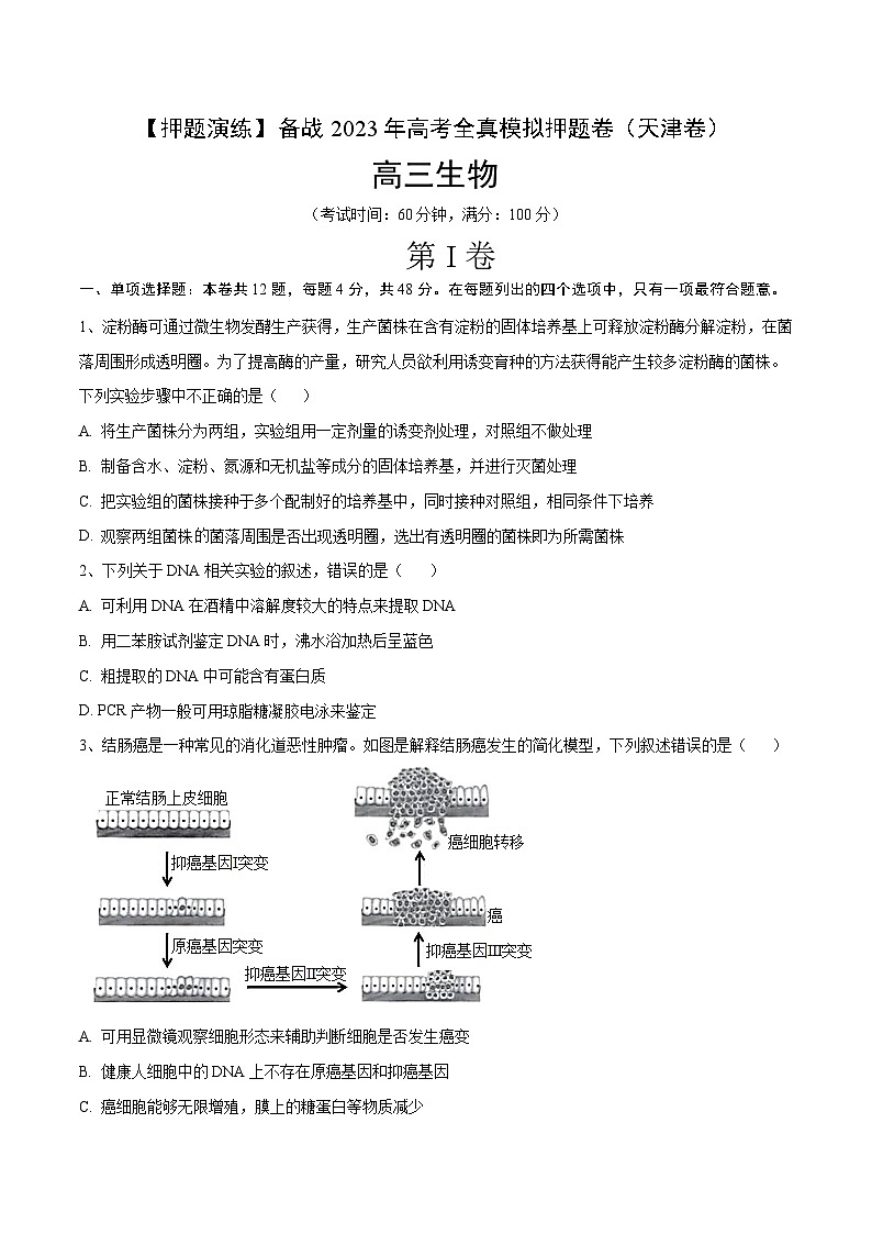 卷02【押题演练】备战2023年高考生物全真模拟押题卷（天津卷）（原卷版）01