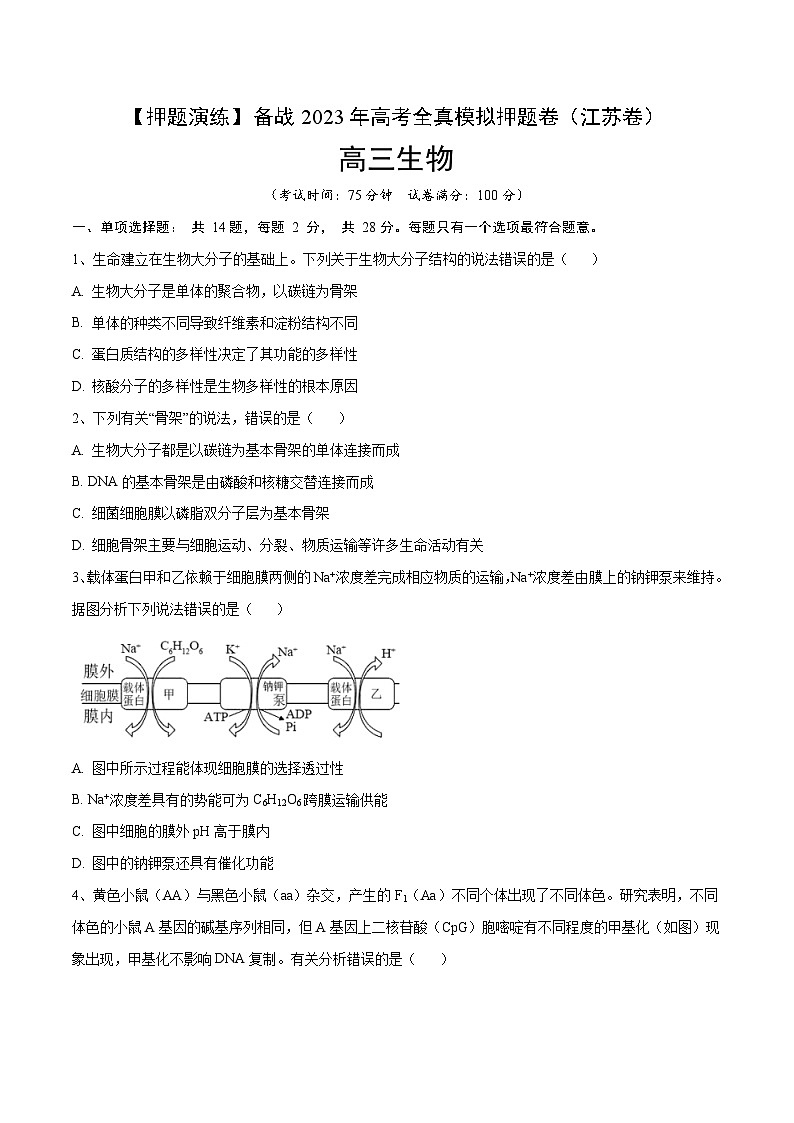 卷03【押题演练】备战2023年高考生物全真模拟押题卷（江苏卷）（原卷版）01