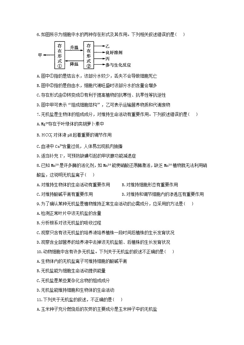 2022年高中生物1.1水和无机盐是构成细胞的重要无机物课时作业浙科版必修102