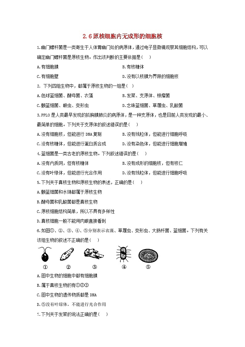 2022年高中生物2.6原核细胞内无成形的细胞核课时作业浙科版必修101
