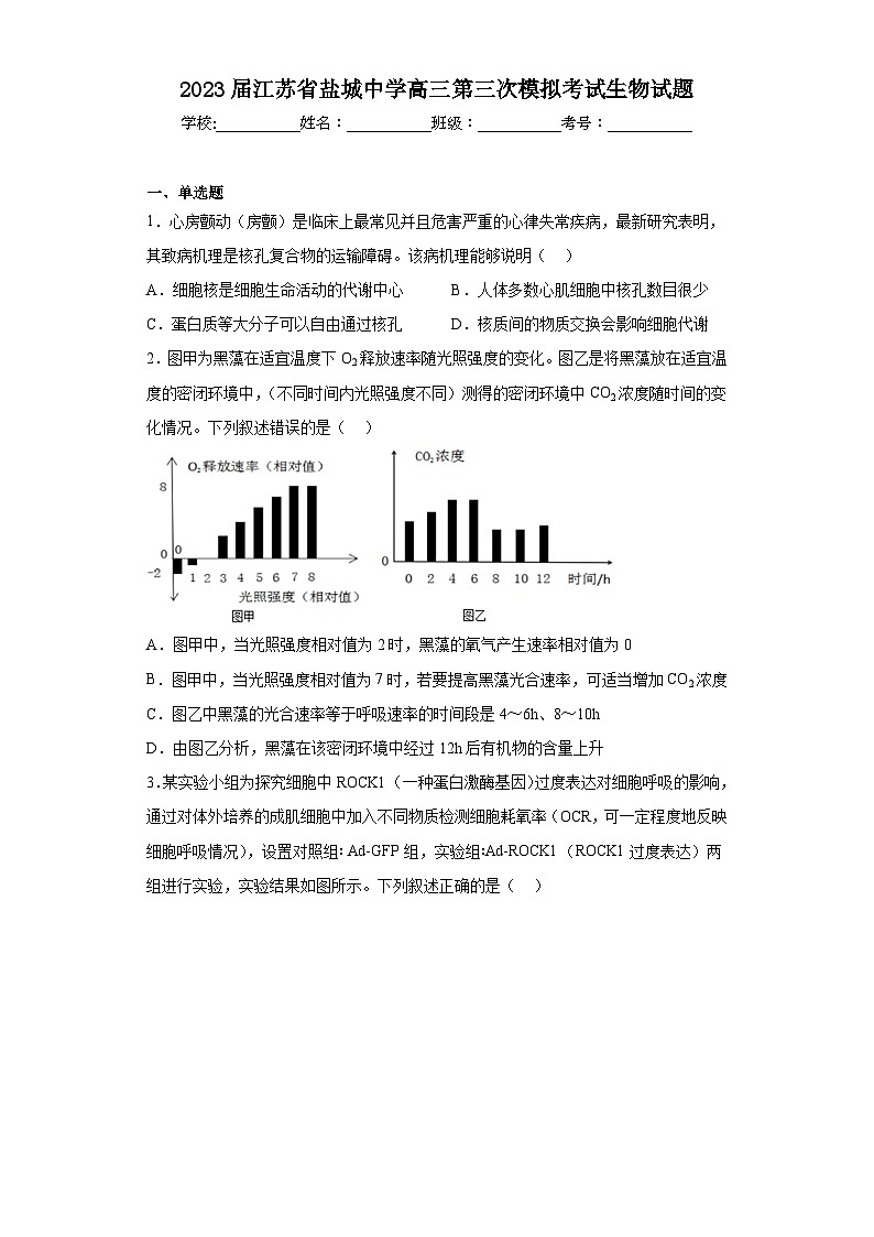 2023届江苏省盐城中学高三第三次模拟考试生物试题（含答案）01