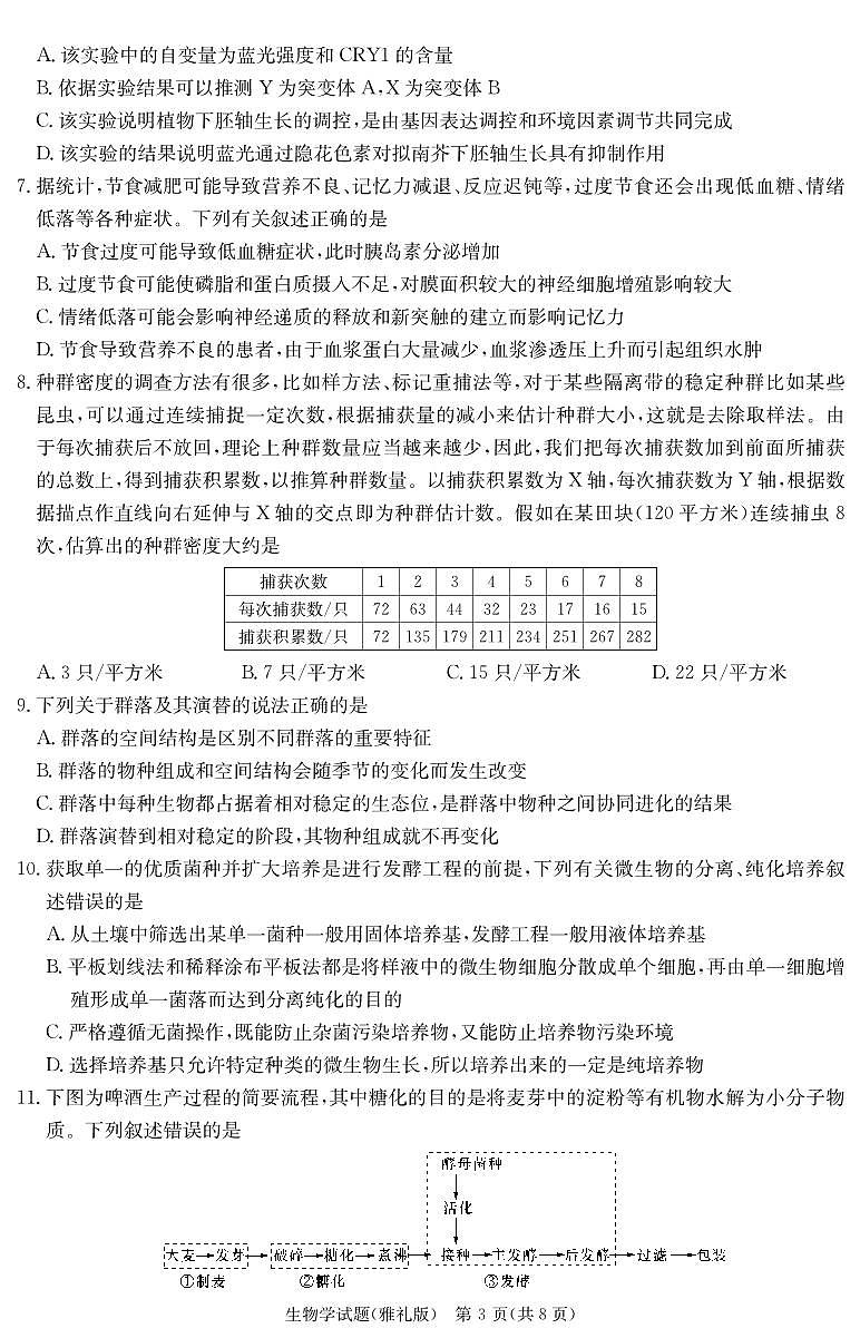 2023届湖南省长沙市雅礼中学高三模拟试卷（一）生物试卷PDF版含答案03