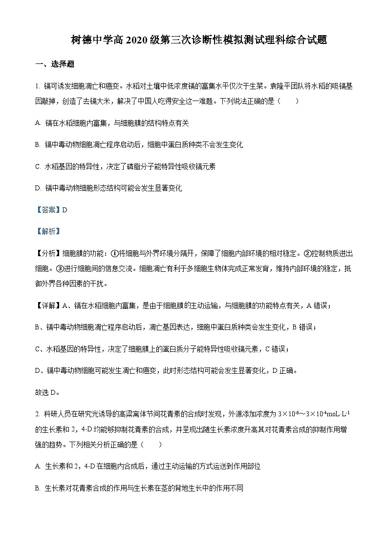 2023届四川省成都市树德中学高三下学期第三次诊断性模拟测试理综生物试题含解析01