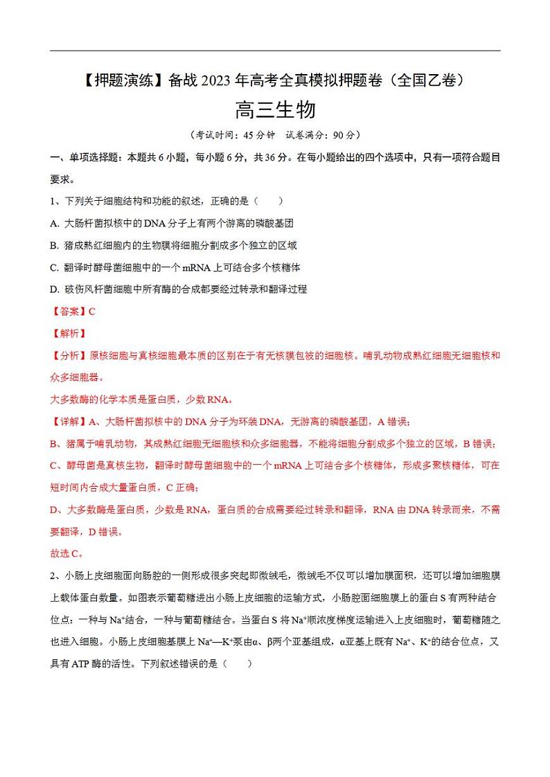 试卷03【押题演练】备战2023年高考生物全真模拟押题试卷（全国乙试卷）（解析版）01