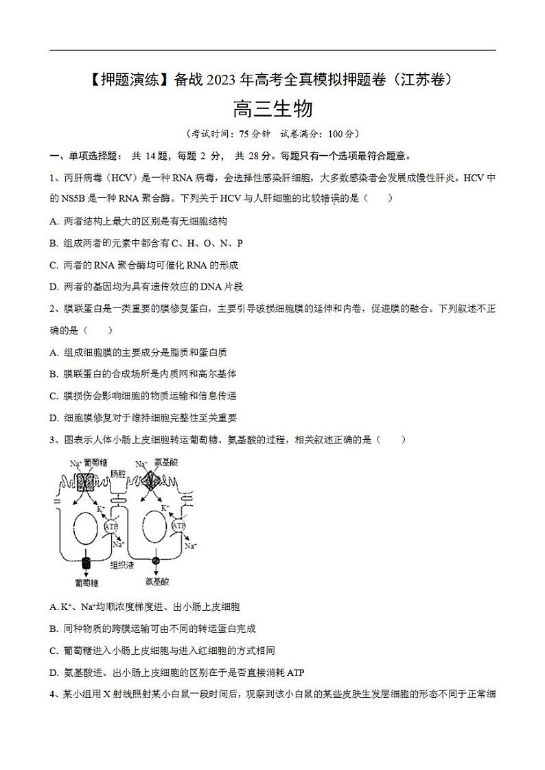 试卷05【押题演练】备战2023年高考生物全真模拟押题试卷（江苏试卷）（原试卷版）01