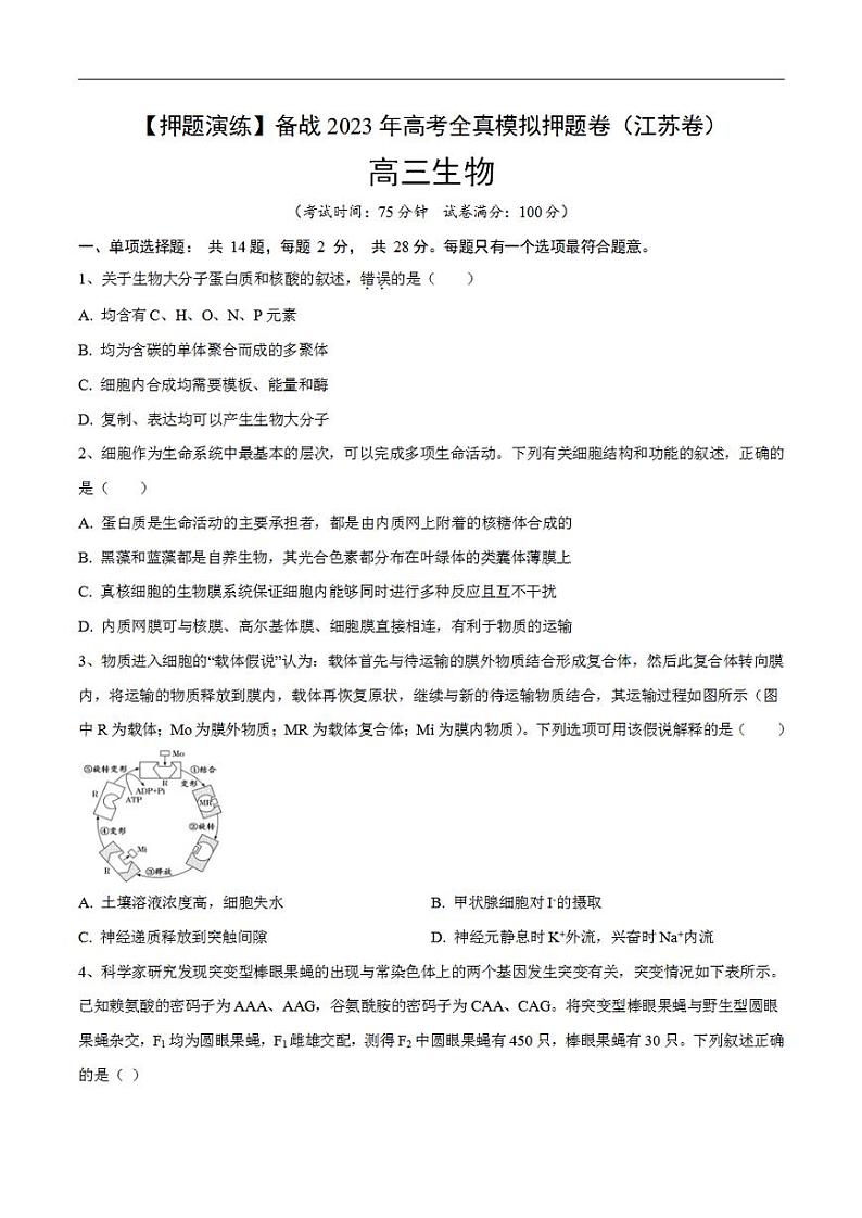 试卷01【押题演练】备战2023年高考生物全真模拟押题试卷（江苏试卷）（原试卷版）01