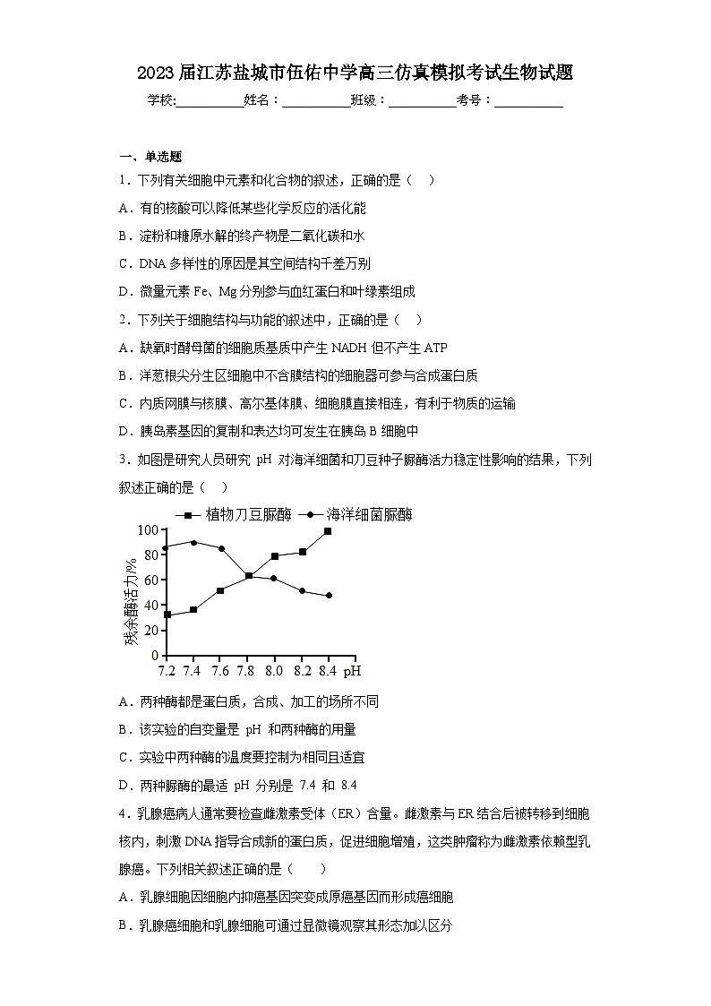 2023届江苏盐城市伍佑中学高三仿真模拟考试生物试题（含答案）01