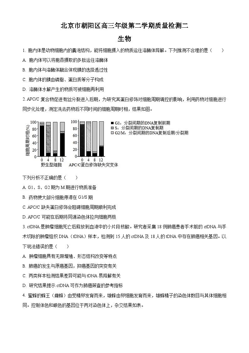 北京市朝阳区2023届高三二模生物试题  Word版无答案第1页