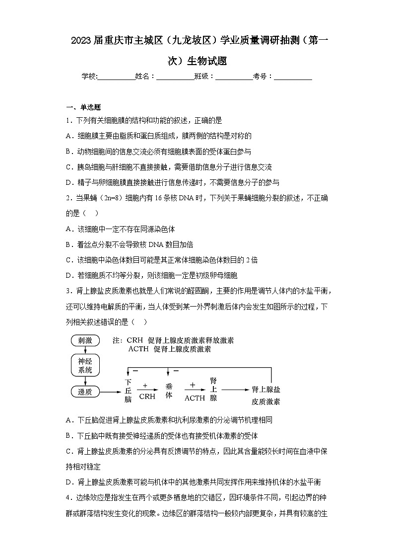 2023届重庆市主城区（九龙坡区）学业质量调研抽测（第一次）生物试题（无答案）01