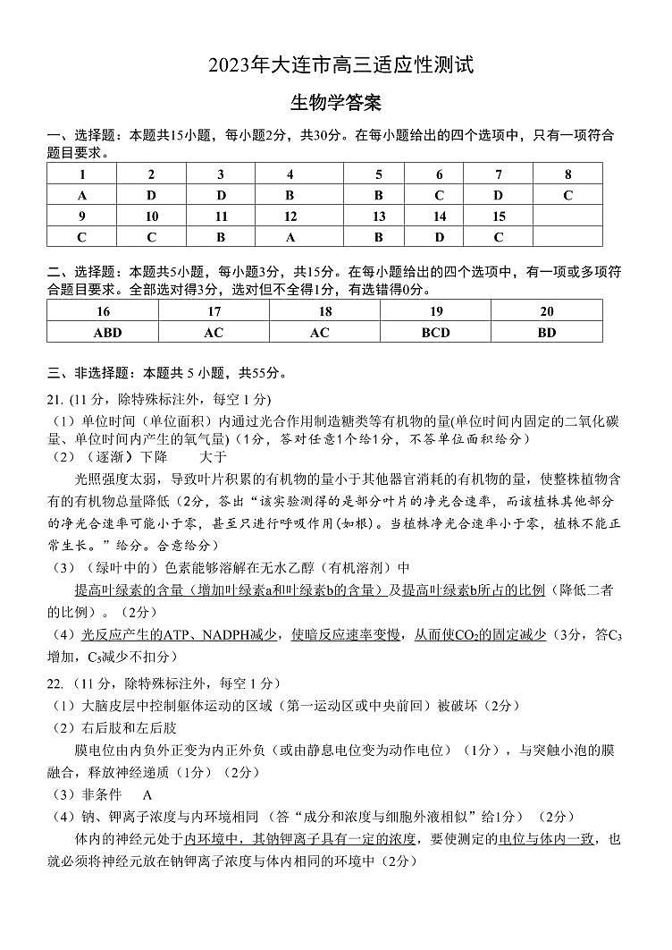 2023年辽宁省大连市高三适应性测试（二）二模生物答案01