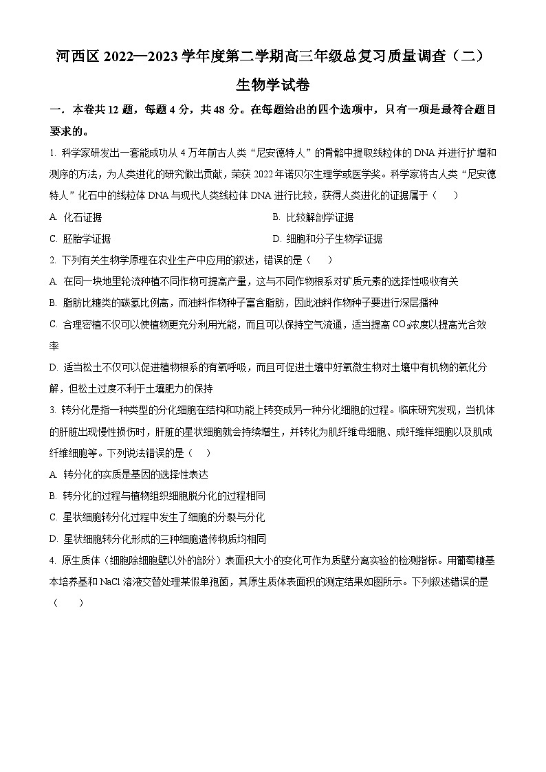2023届天津市河西区高三二模生物试题01