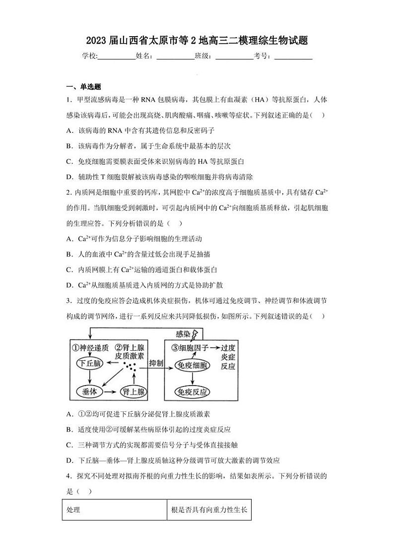 2023届山西省太原市等2地高三二模理综生物试题（含答案解析）01