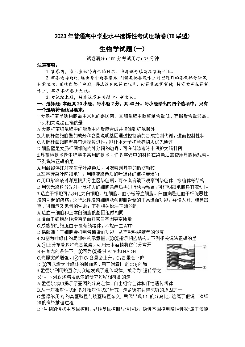 2023届湖北省华中师范大学第一附属中学高三下学期5月压轴卷（一）生物试卷及答案第1页
